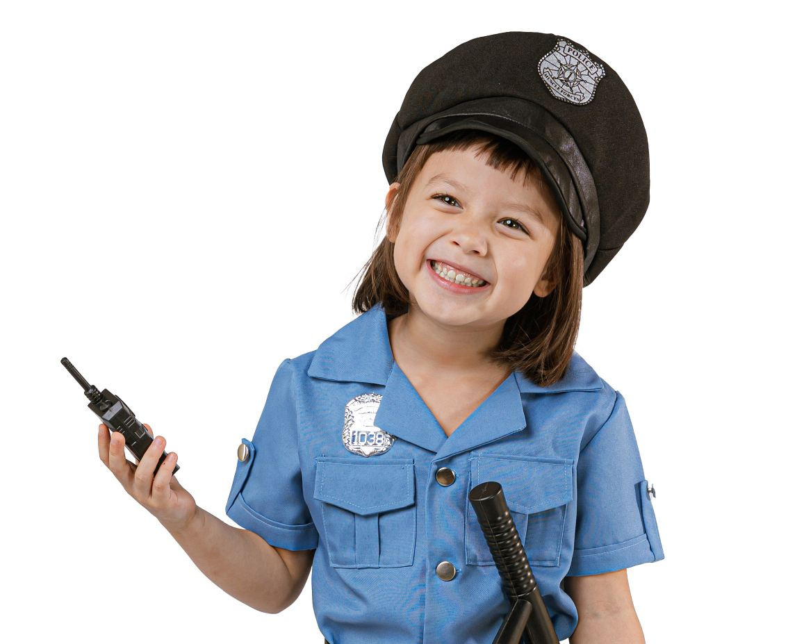 Role play-set for kids Blue Policewoman (shirt, kirt, belt, cap, handcuffs, walkie talkie, baton), size 92/104 cm